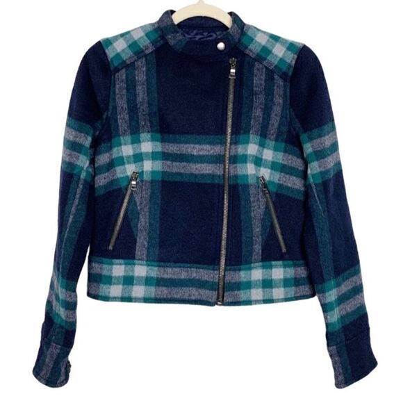 GAP- Plaid Moto Cropped Jacket Green Blue Wool Blend Quilted Lined, Size XS - Picture 2 of 15